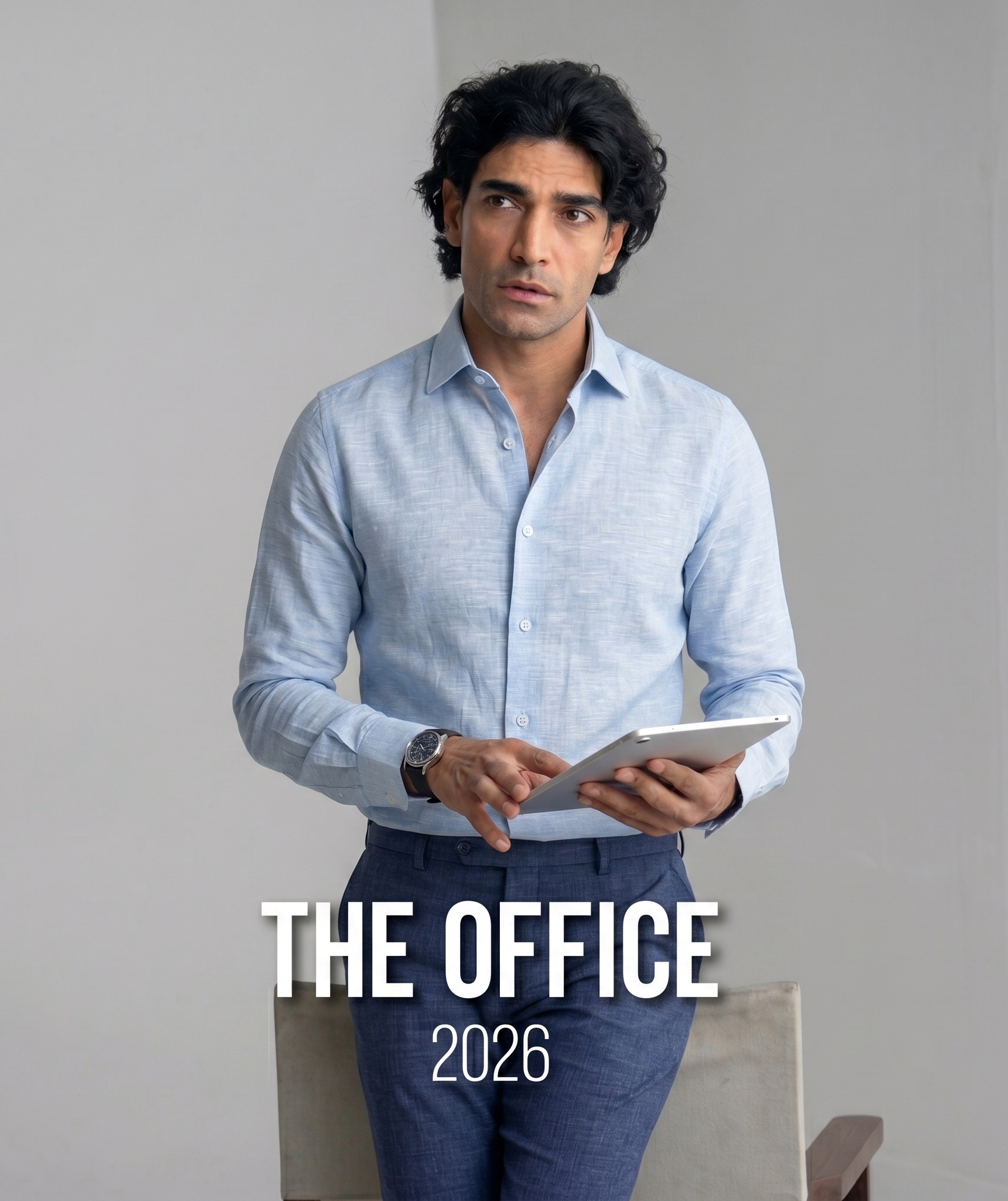 Man wearing formal shirt holding a tablet with 'The Office 2026' text on a gray background